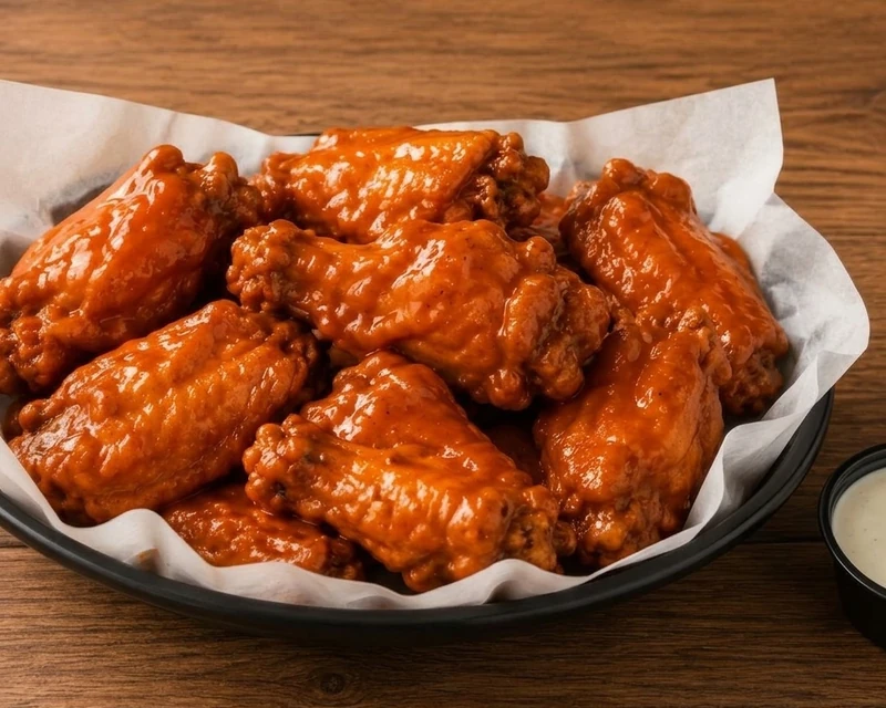 Crispy chicken wings tossed in sauce at Nick's Lounge bar and grill in Bonnyville, AB